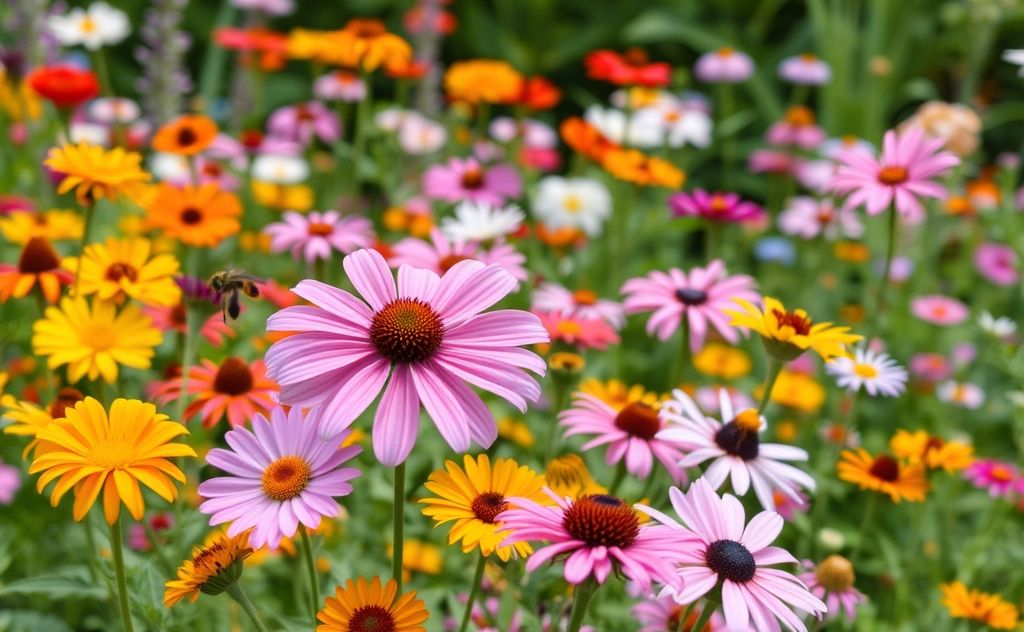 Colorful flowers blooming in a vibrant garden to attract pollinators.