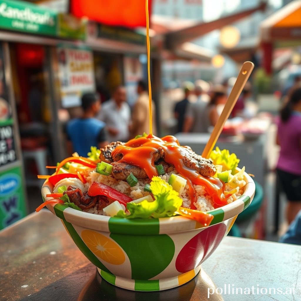 Image of colorful food truck rice bowl with veggies, meat, and sauce