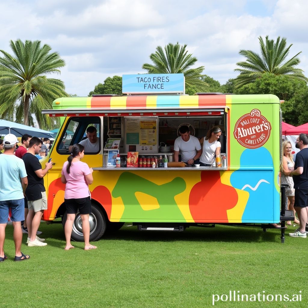 Image of a colorful food truck serving popular items like tacos, fries, and burgers with a crowd