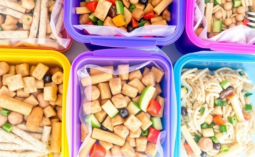 Colorful freezer containers filled with kid-friendly meals.