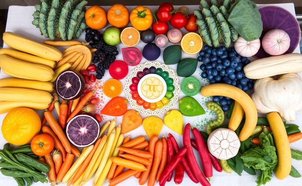 Colorful fruits and vegetables arranged by chakra colors on a table.