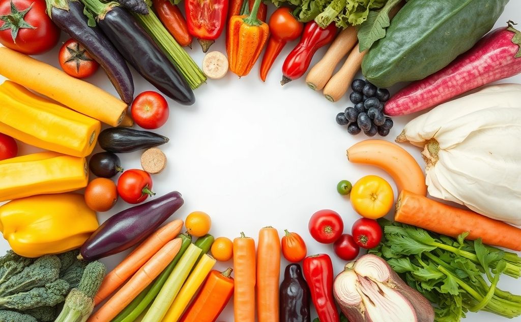 Colorful fruits and vegetables arranged in a circle representing energy.