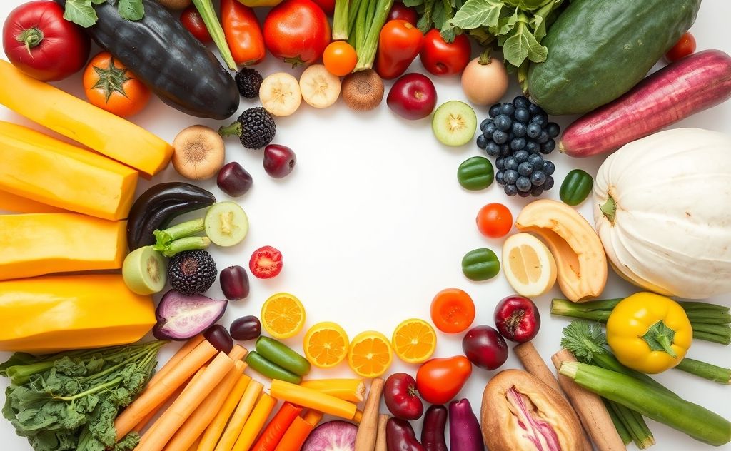 Colorful fruits and vegetables arranged in a circular chakra layout.