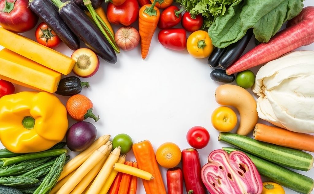 Colorful fruits and vegetables arranged in a circular pattern.