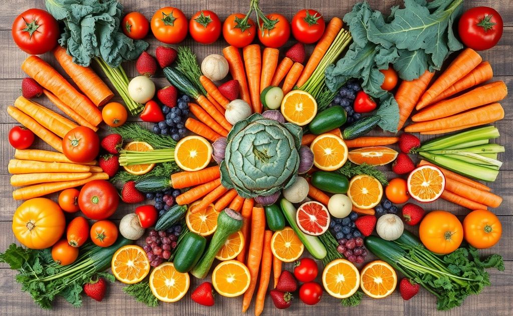 Colorful fruits and vegetables arranged in a harmonious pattern.