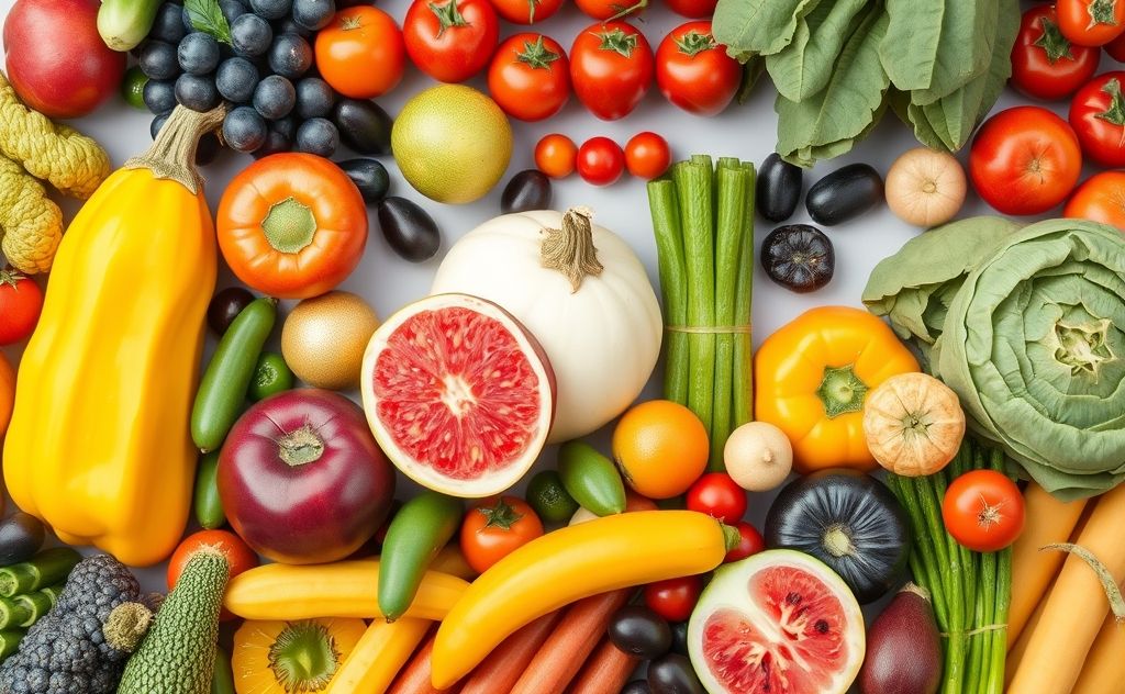 Colorful fruits and vegetables arranged in a playful, inviting way.