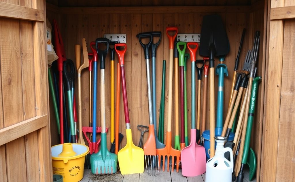 Colorful garden tools neatly organized in a rustic storage shed.