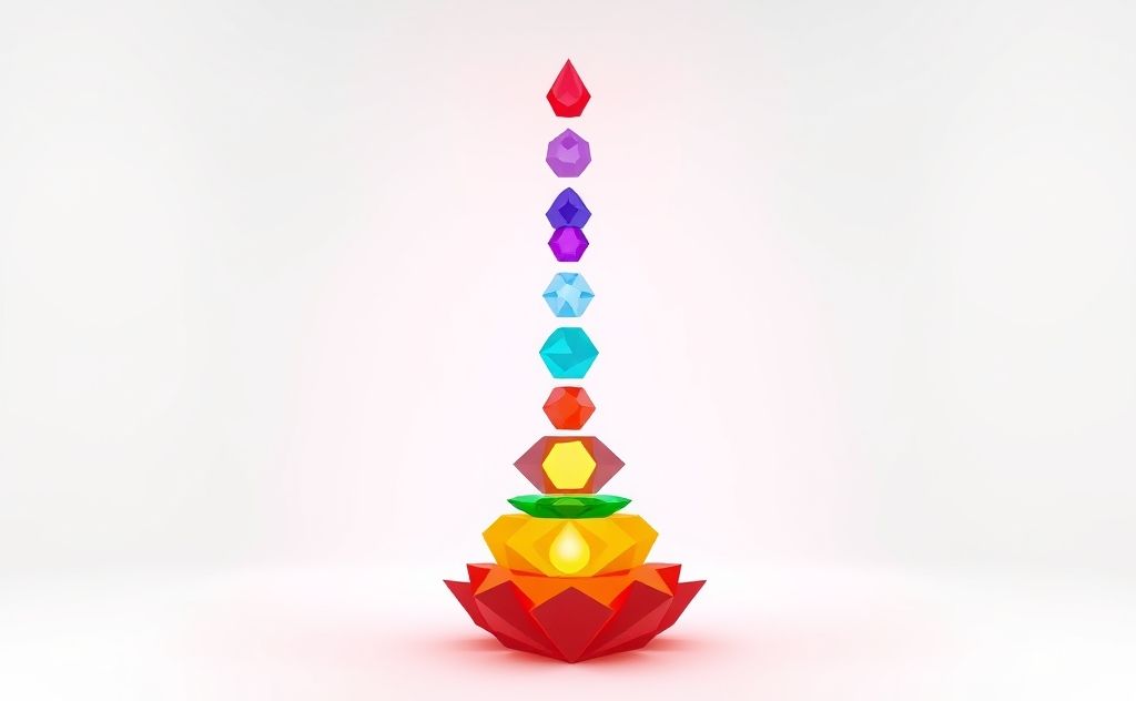 Colorful geometric shapes arranged in a chakra alignment pattern.