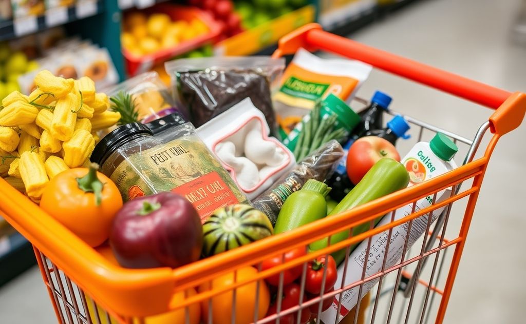 Colorful grocery cart filled with fresh produce and budget-friendly items.