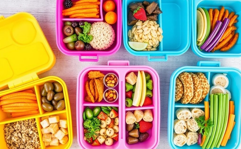Colorful lunch boxes filled with healthy meal prep ideas.