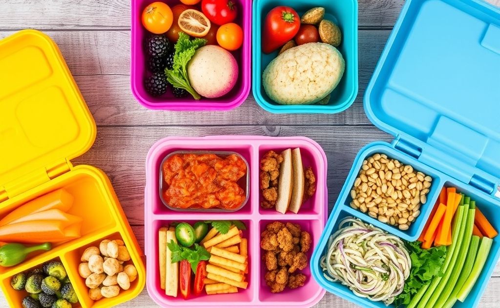 Colorful lunch boxes filled with healthy meal prep options for families.