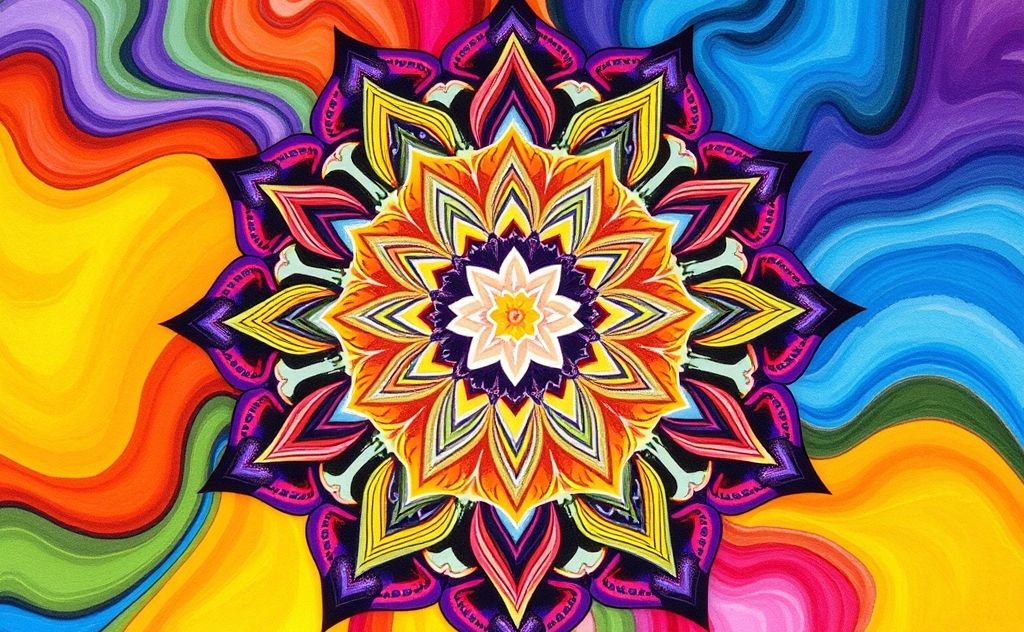 Colorful mandala with flowing shapes representing sacral chakra energy.