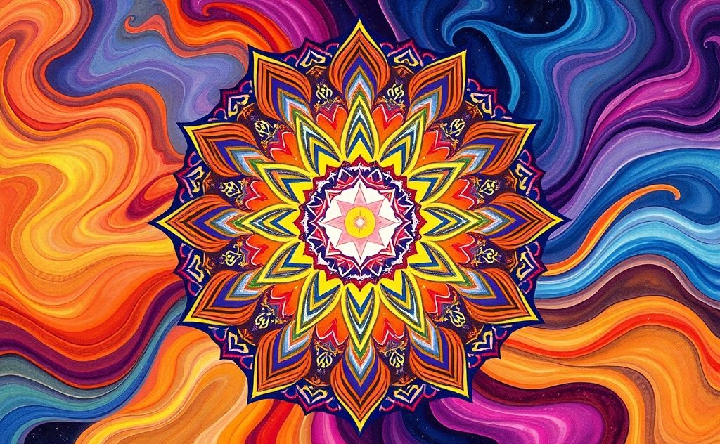 Colorful mandalas and flowing shapes representing sacral chakra energy.