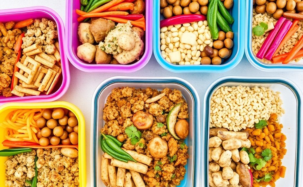 Colorful meal prep containers filled with diverse family-friendly dishes.