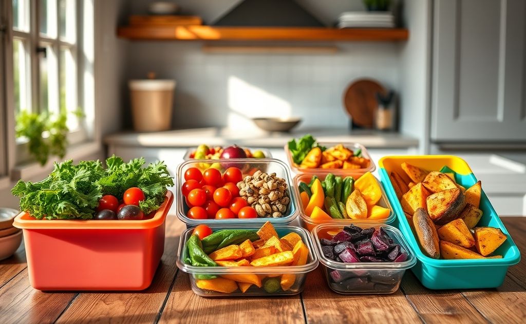 Colorful meal prep containers filled with diverse, appealing foods.