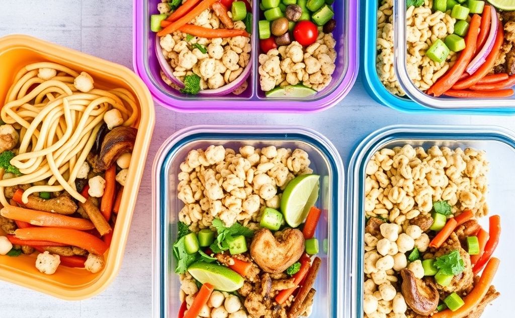 Colorful meal prep containers filled with healthy family dinner options.