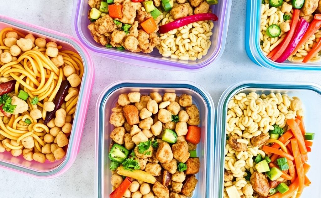Colorful meal prep containers filled with healthy family-friendly dishes.