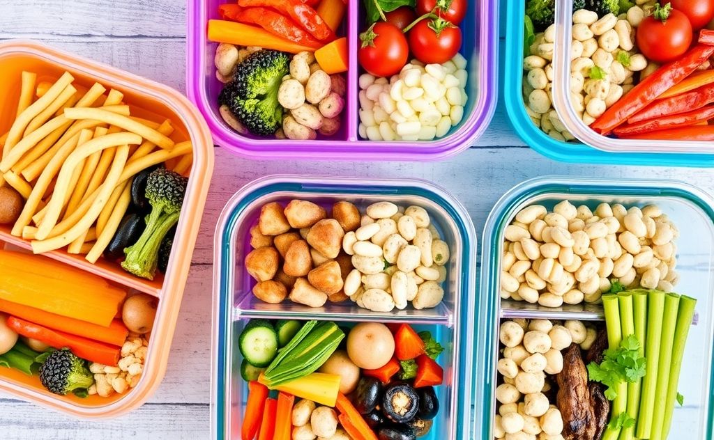 Colorful meal prep containers filled with healthy foods for families.