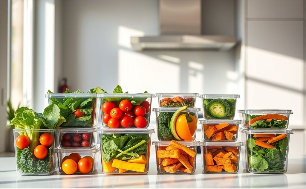 Colorful meal prep containers filled with healthy ingredients on a kitchen counter.