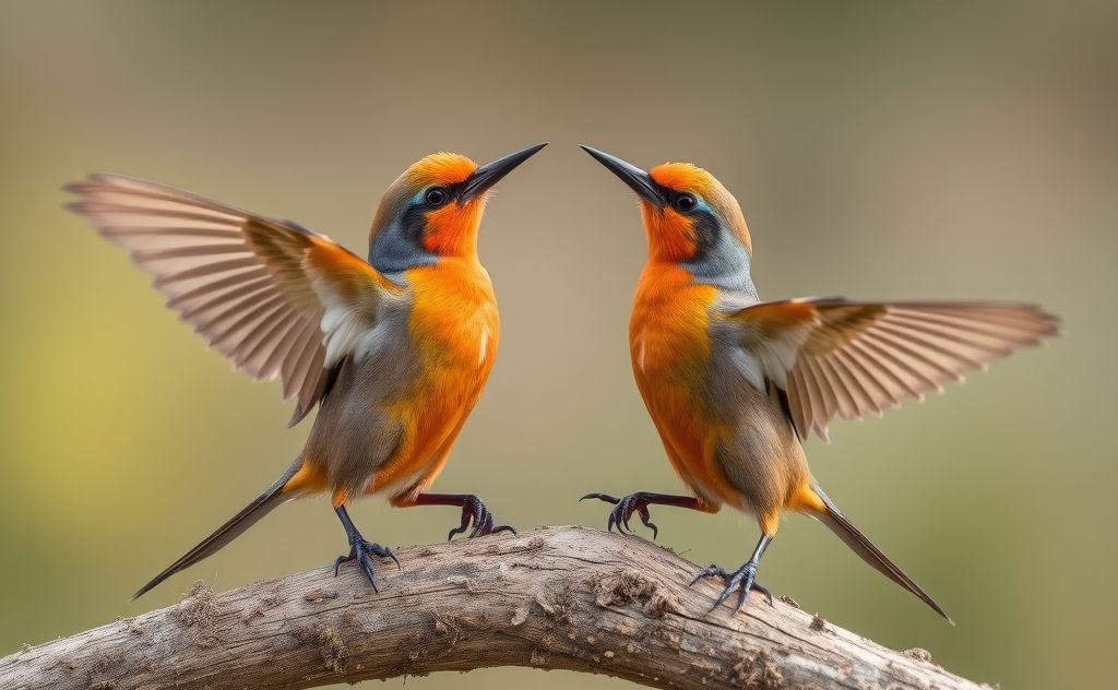 Colorful orange-breasted waxbills performing courtship dances.