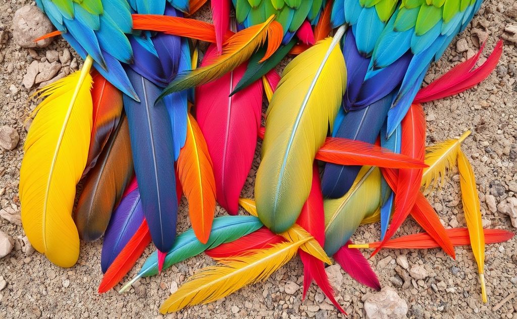 Colorful parrot feathers scattered on a natural background.
