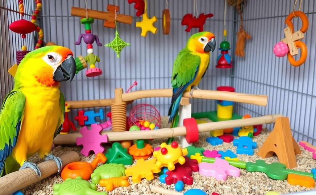 Colorful parrot toys and puzzles arranged in an engaging play area.