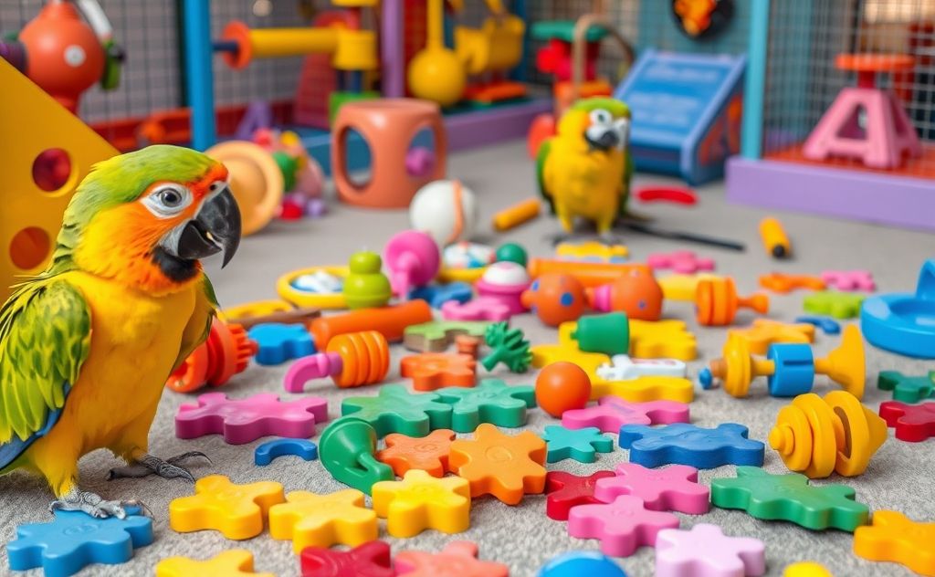 Colorful parrot toys and puzzles scattered in a vibrant play area.