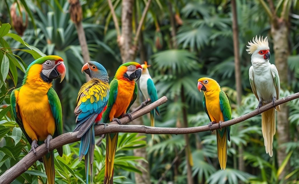 Colorful parrots and cockatoos perched on branches in a lush forest.
