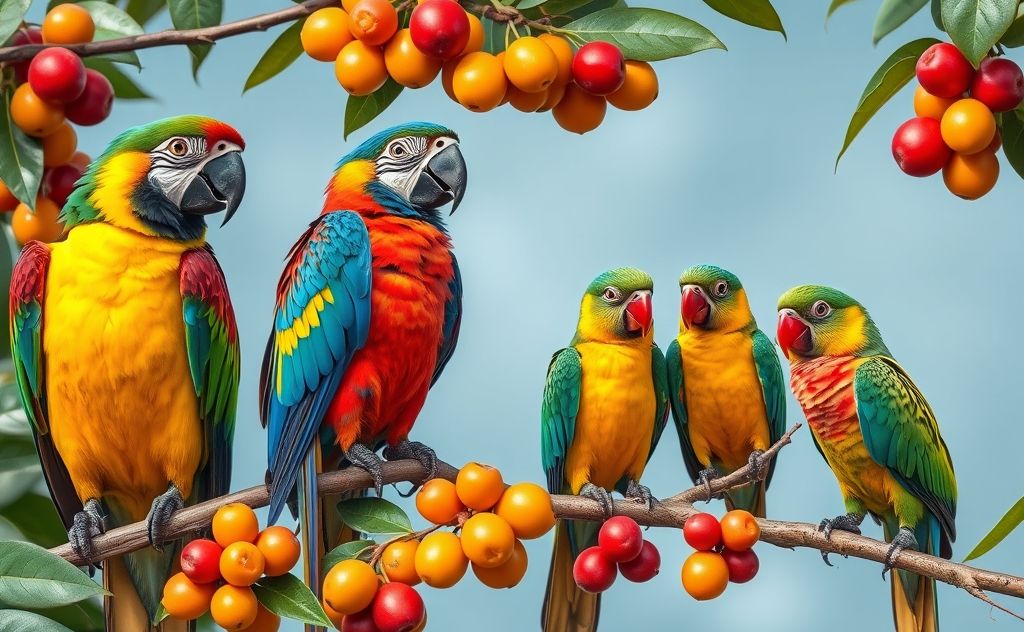 Colorful parrots and lorikeets perched on branches with vibrant fruits.