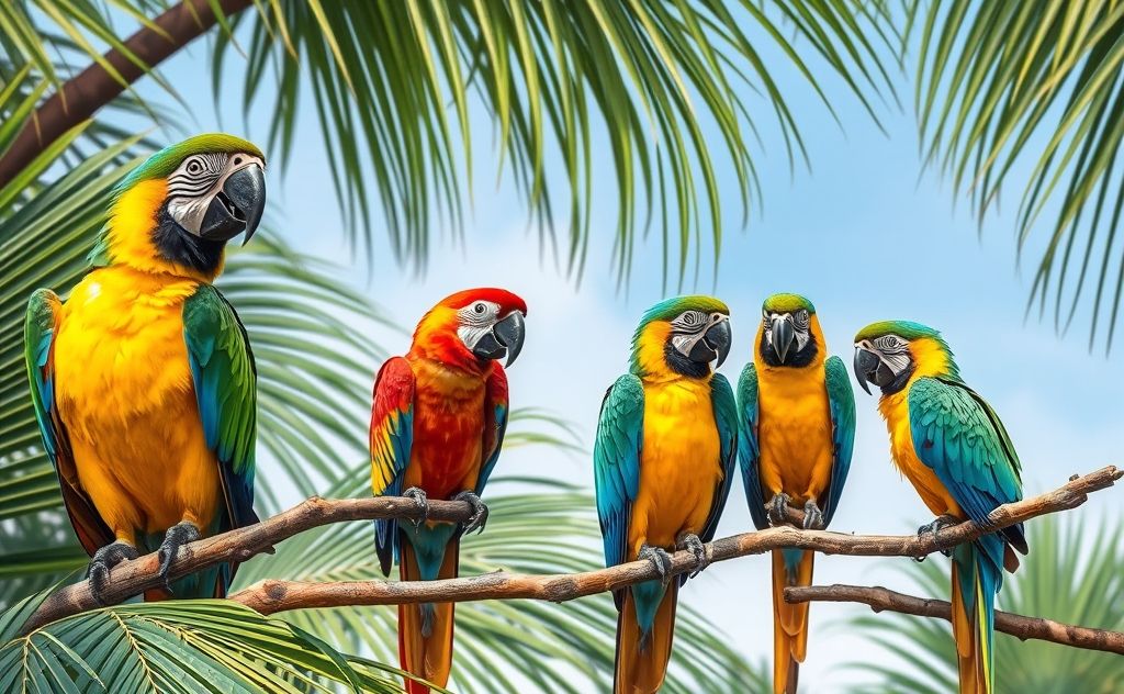 Colorful parrots and macaws perched on tropical branches.