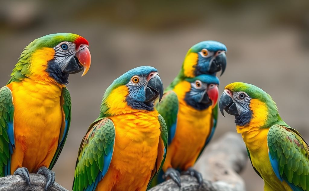 Colorful parrots displaying various body language cues in nature.