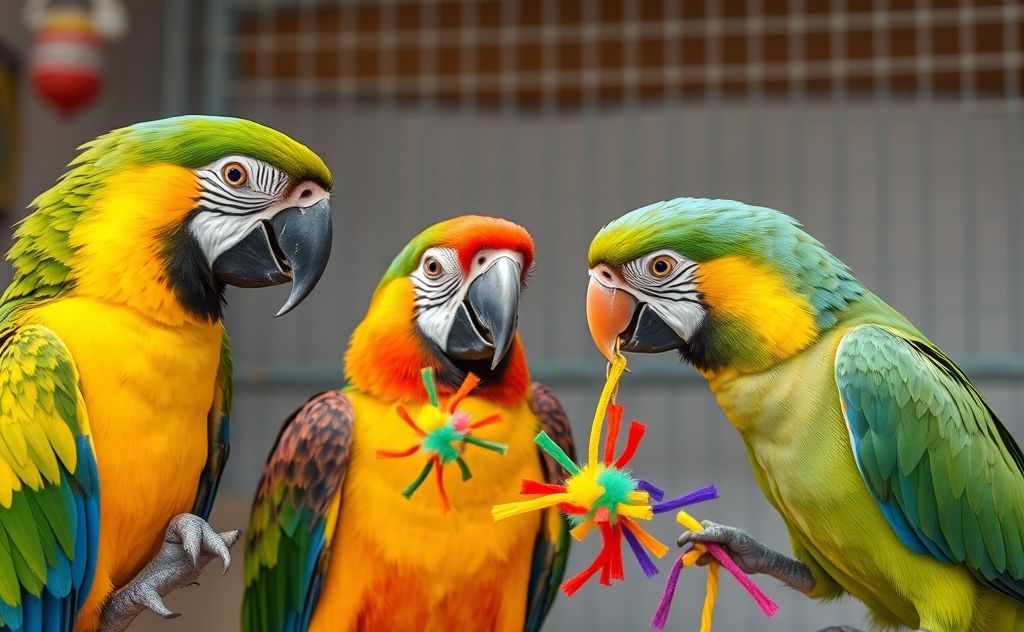 Colorful parrots engaging in clicker training with vibrant toys.