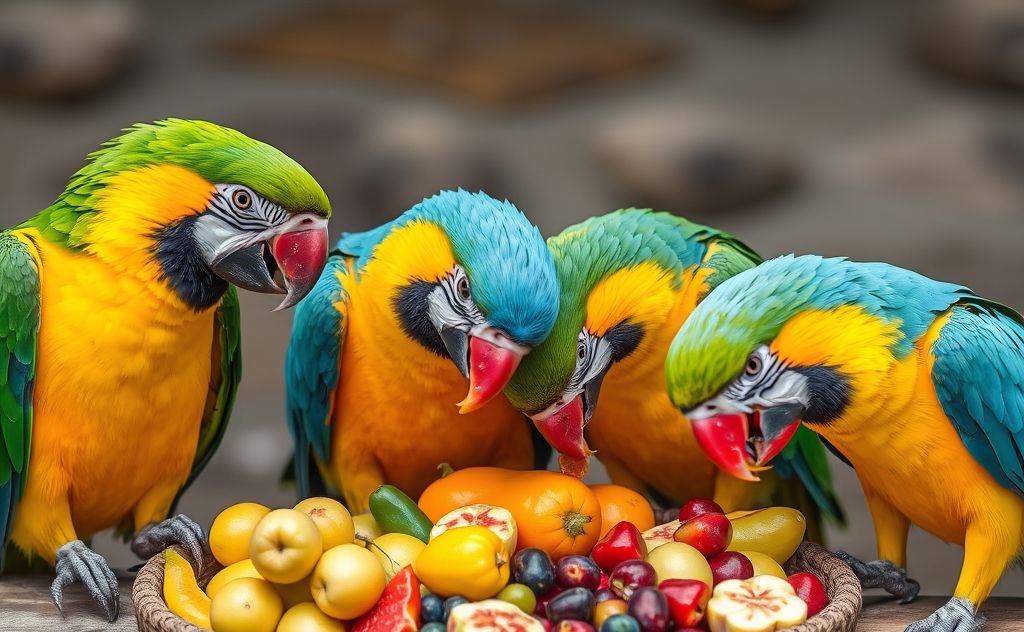 Colorful parrots feasting on a variety of fruits and seeds.