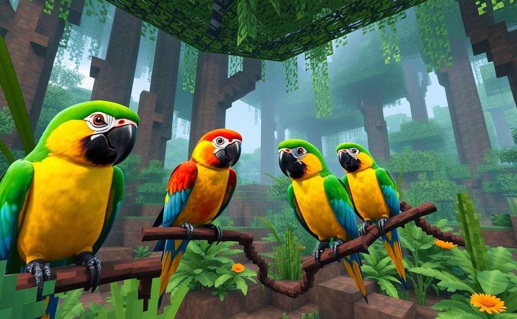 Colorful parrots in a Minecraft jungle setting with breeding elements.