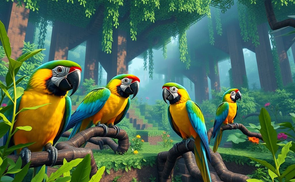 Colorful parrots in a lush Minecraft jungle setting.
