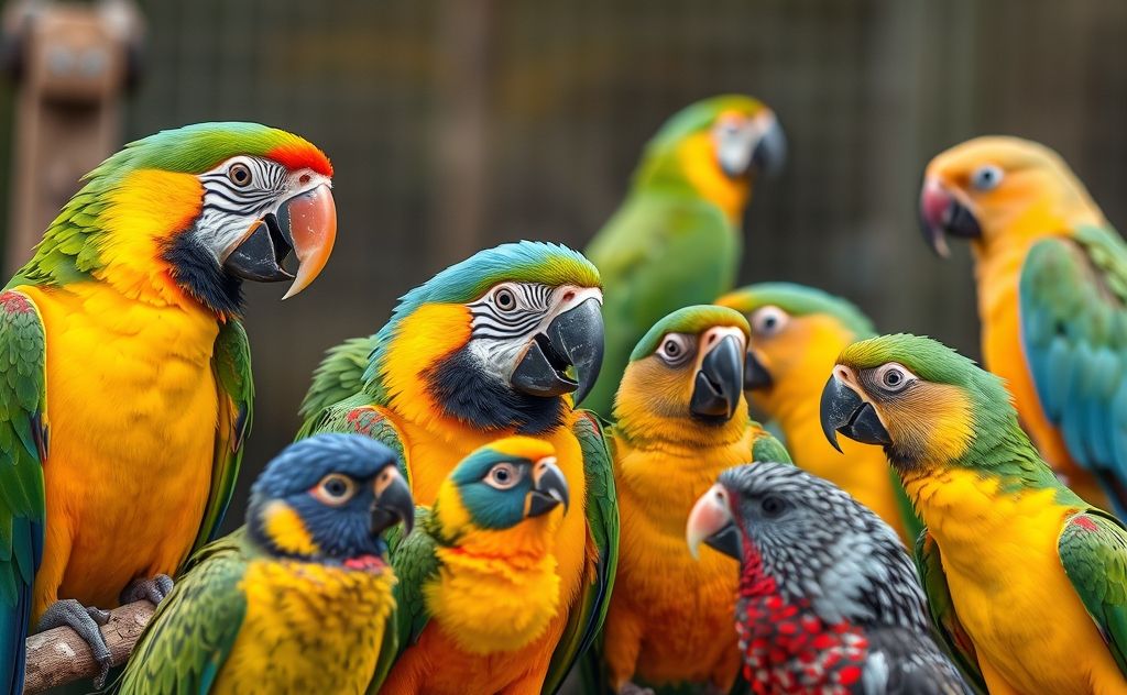 Colorful parrots interacting peacefully with various bird species.