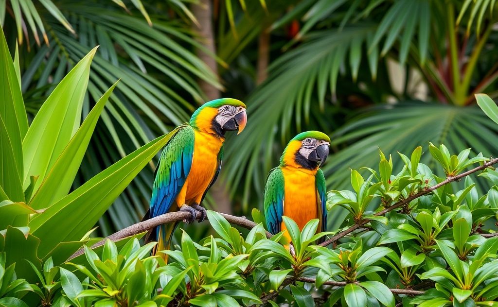 Colorful parrots perched among lush Florida foliage.