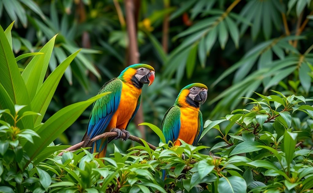 Colorful parrots perched among lush rainforest foliage.
