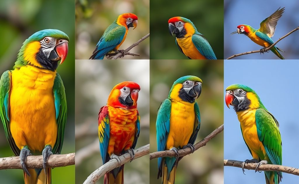 Colorful parrots perched in diverse natural habitats, showcasing adaptations.