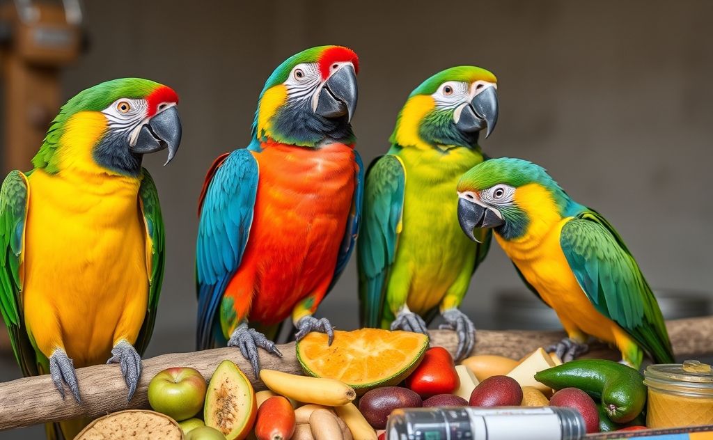 Colorful parrots perched on a branch surrounded by safe food items.
