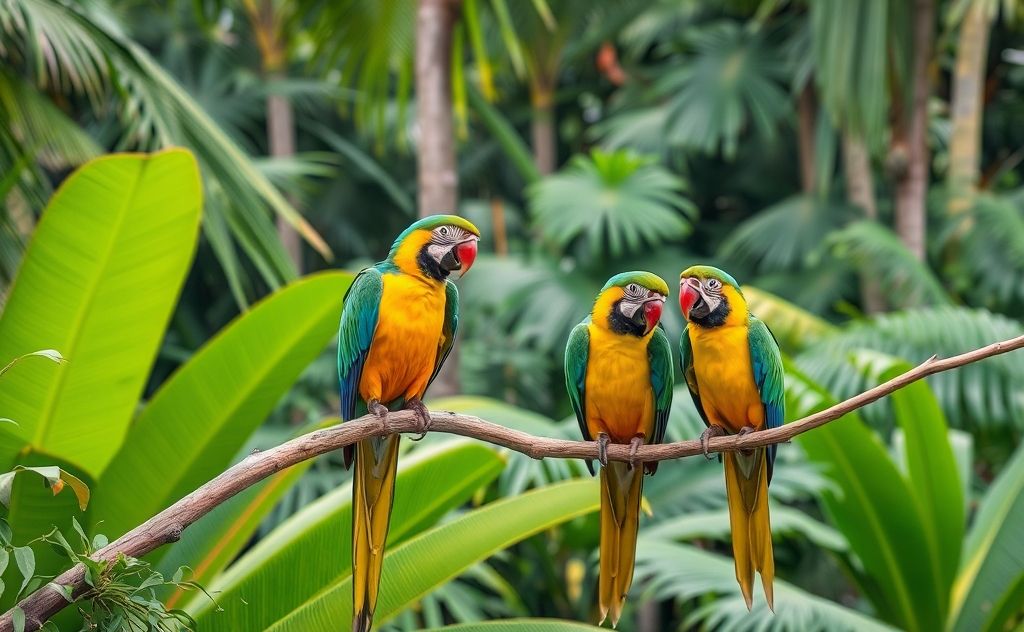 Colorful parrots perched on branches in a lush tropical forest.