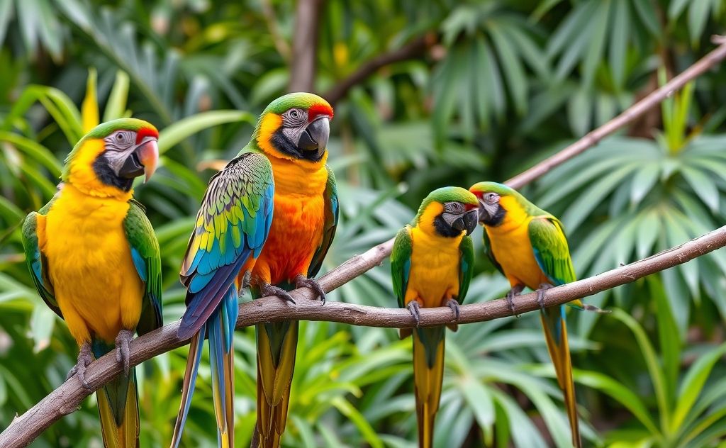 Colorful parrots perched on branches in a lush, green environment.