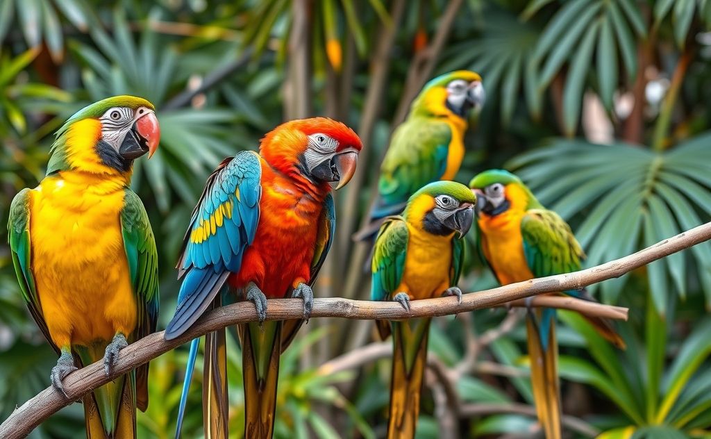Colorful parrots perched on branches in a lush, vibrant environment.