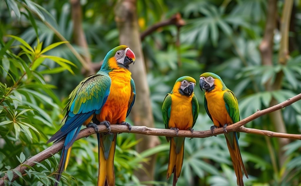 Colorful parrots perched on branches mimicking sounds in a lush forest.