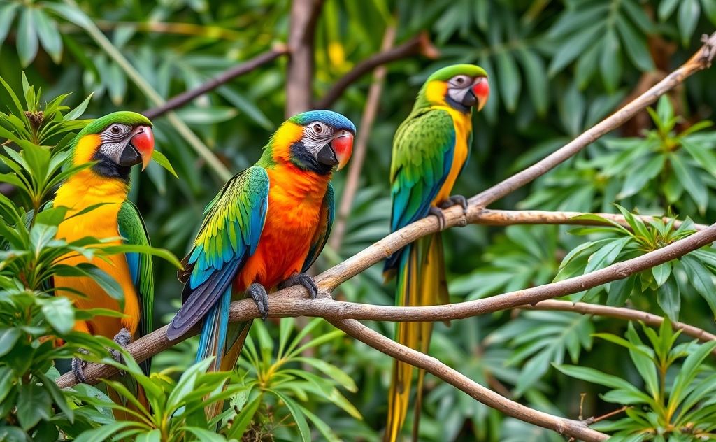 Colorful parrots perched on branches surrounded by lush greenery.