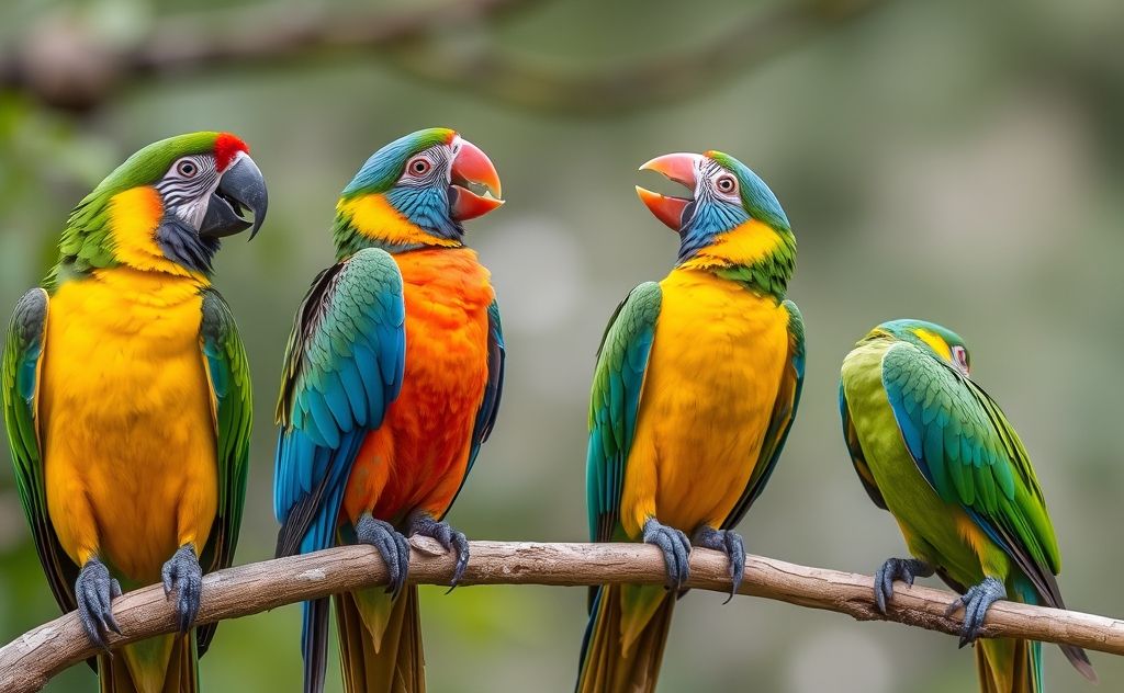 Colorful parrots perched on branches, engaging in vocal mimicry.