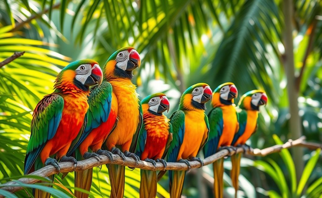 Colorful parrots perched on branches, mimicking human speech sounds.