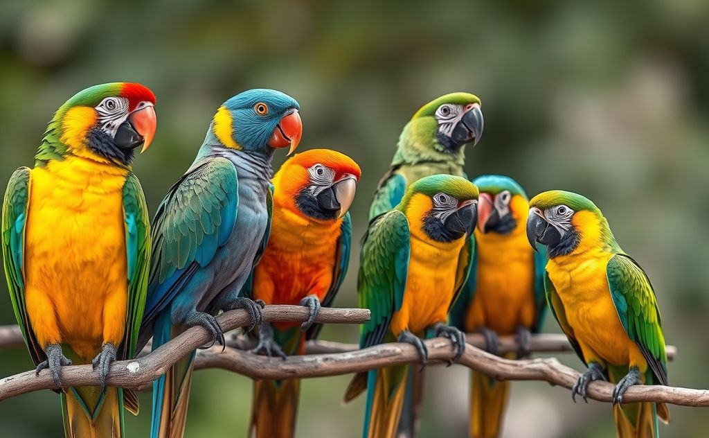 Colorful parrots perched on branches, showcasing various species and ages.