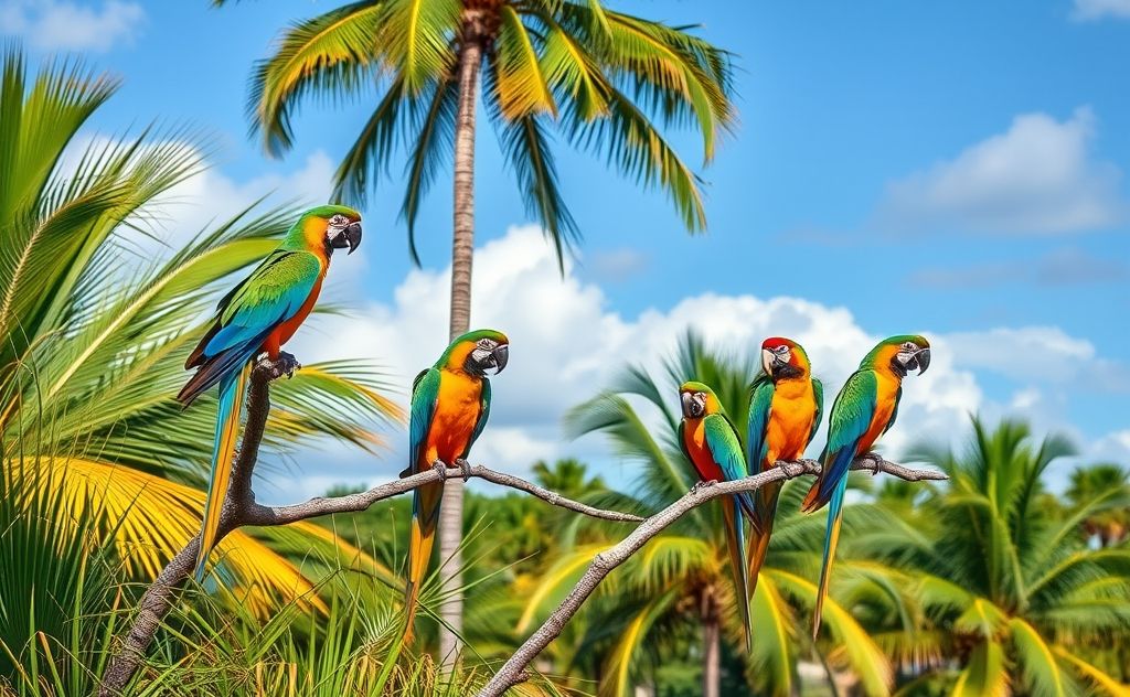 Colorful parrots perched on tropical trees in a Florida landscape