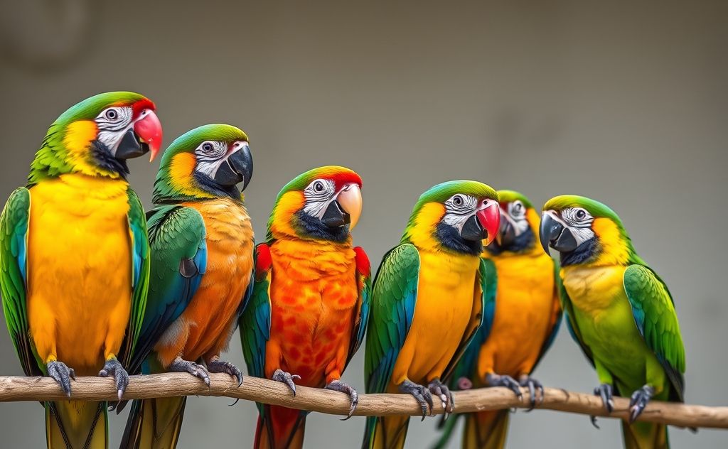 Colorful parrots perched, displaying various body postures and gestures.